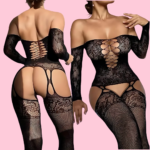 Bodystocking Negro Off-the-Shoulder con Encaje Floral y Recorte Entrecruzado