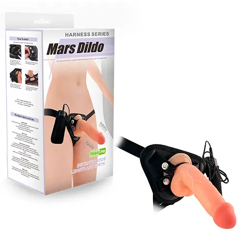 Arnés con dildo vibrador Mars Dildo junto a su caja
