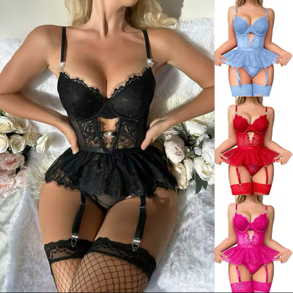 Body de Lencería de Encaje con Portaligas y Minifalda | Conjunto Sensual Multifuncional    No Socks - Imagen 6