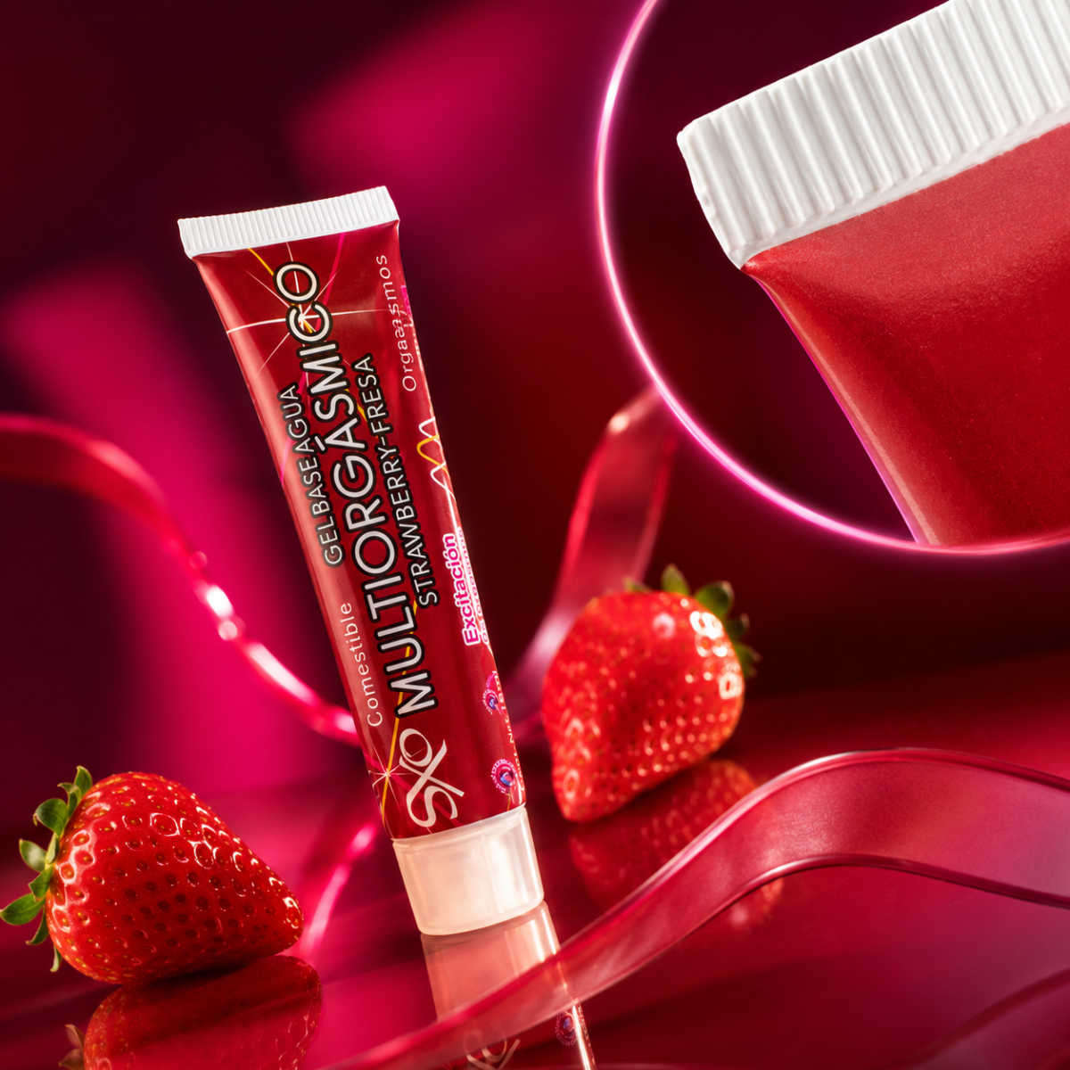 Gel multiorgásmico para clítoris sabor fresa presentado junto a fresas