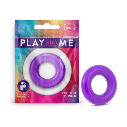 Anillo flexible morado para el pene presentado dentro de su empaque