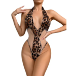 Monokini Exótico de Leopardo con Paneles de Malla | Traje de Baño y Bodysuit Halter de Pierna Alta