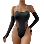 Bodysuit Monokini Negro de Festival con Tirantes de Cadena | Traje de Baño Cut-Out con Mangas de Mesh