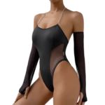 Bodysuit Monokini Negro de Festival con Tirantes de Cadena | Traje de Baño Cut-Out con Mangas de Mesh - Imagen 2