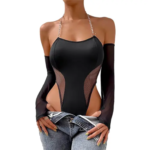 Bodysuit Monokini Negro de Festival con Tirantes de Cadena | Traje de Baño Cut-Out con Mangas de Mesh - Imagen 3