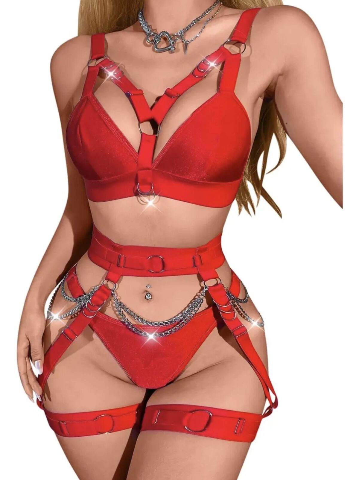 Set de Lencería Sexy con Arnés Rojo de 4 Piezas | Conjunto Strappy con Cadenas Plateadas y Ligueros de Muslo - Imagen 2
