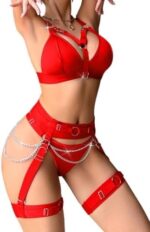 Set de Lencería Sexy con Arnés Rojo de 4 Piezas | Conjunto Strappy con Cadenas Plateadas y Ligueros de Muslo - Imagen 3