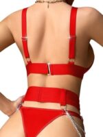 Set de Lencería Sexy con Arnés Rojo de 4 Piezas | Conjunto Strappy con Cadenas Plateadas y Ligueros de Muslo - Imagen 4