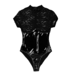 Bodysuit Negro Wet Look con Encaje Floral | Sexy Body de Vinilo Brillante y Transparencias Manga Corta - Imagen 2